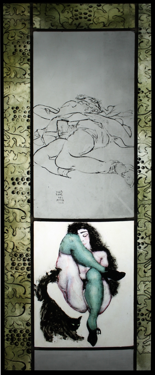 Rysunek i obraz kobiety wg. Schiele i czarna kotka. Wszystko oprawione w bordiurze w winogorna